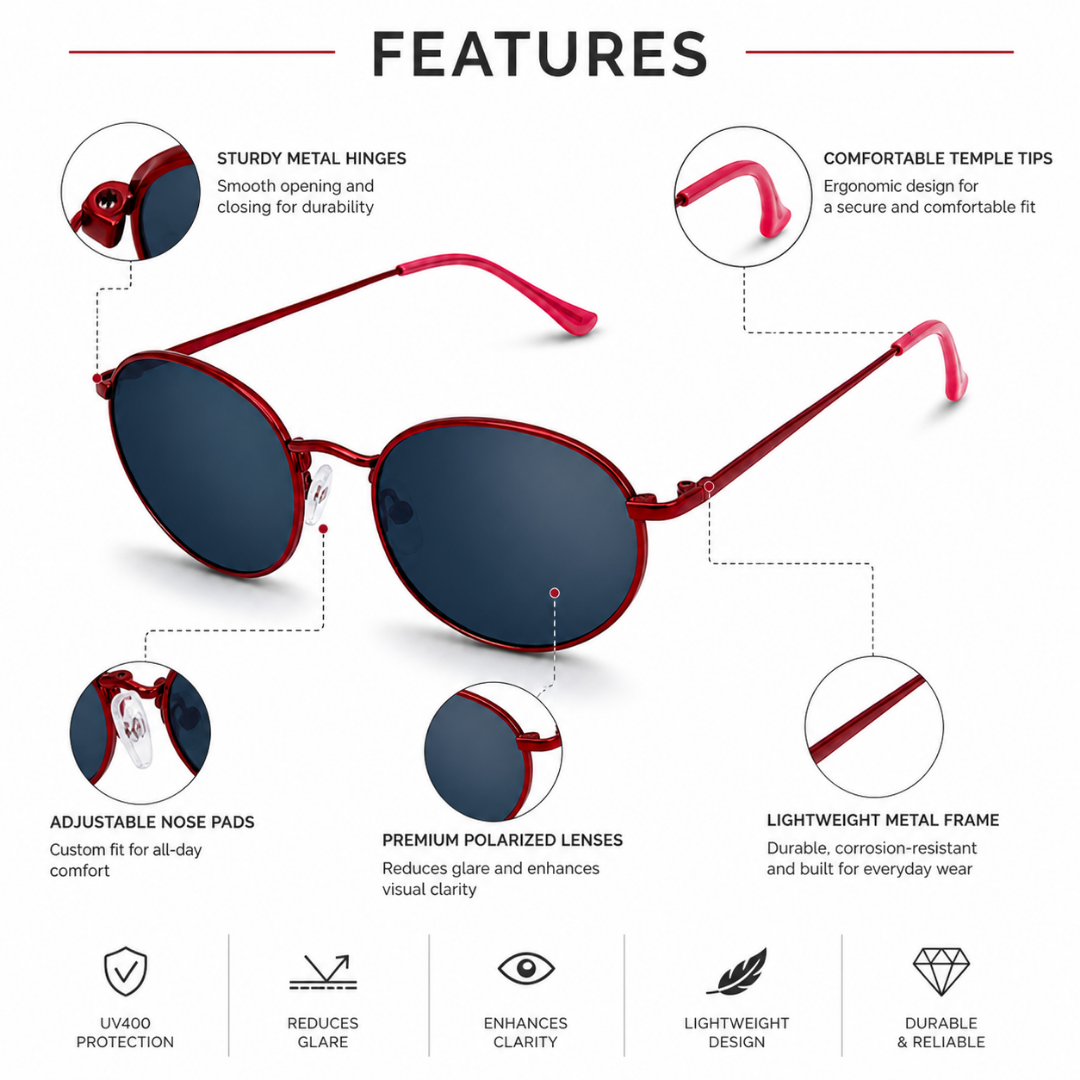 Black Maroon Round Trendy Polarized Sunglasses for Men and Women