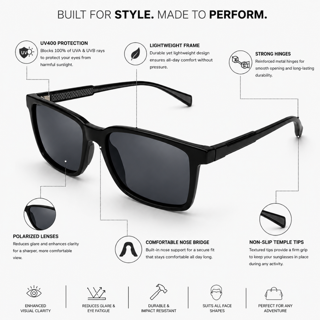 Black Rectangle Trendy Polarized Sunglasses for Men