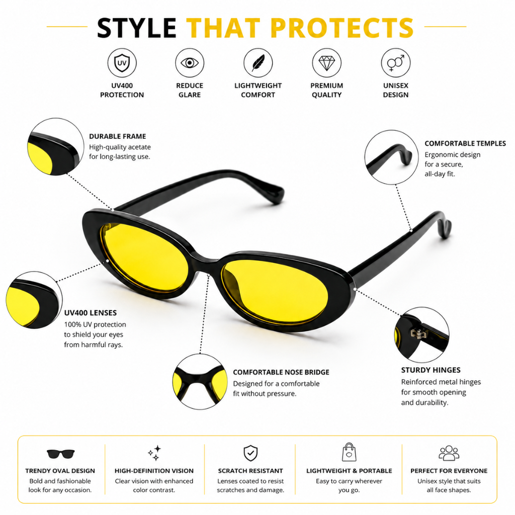 Black Yellow Oval Trendy Sunglasses for Men and Women
