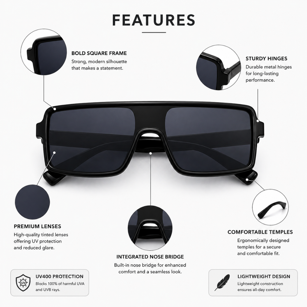 Black Rectangle Trendy Sunglasses for Men