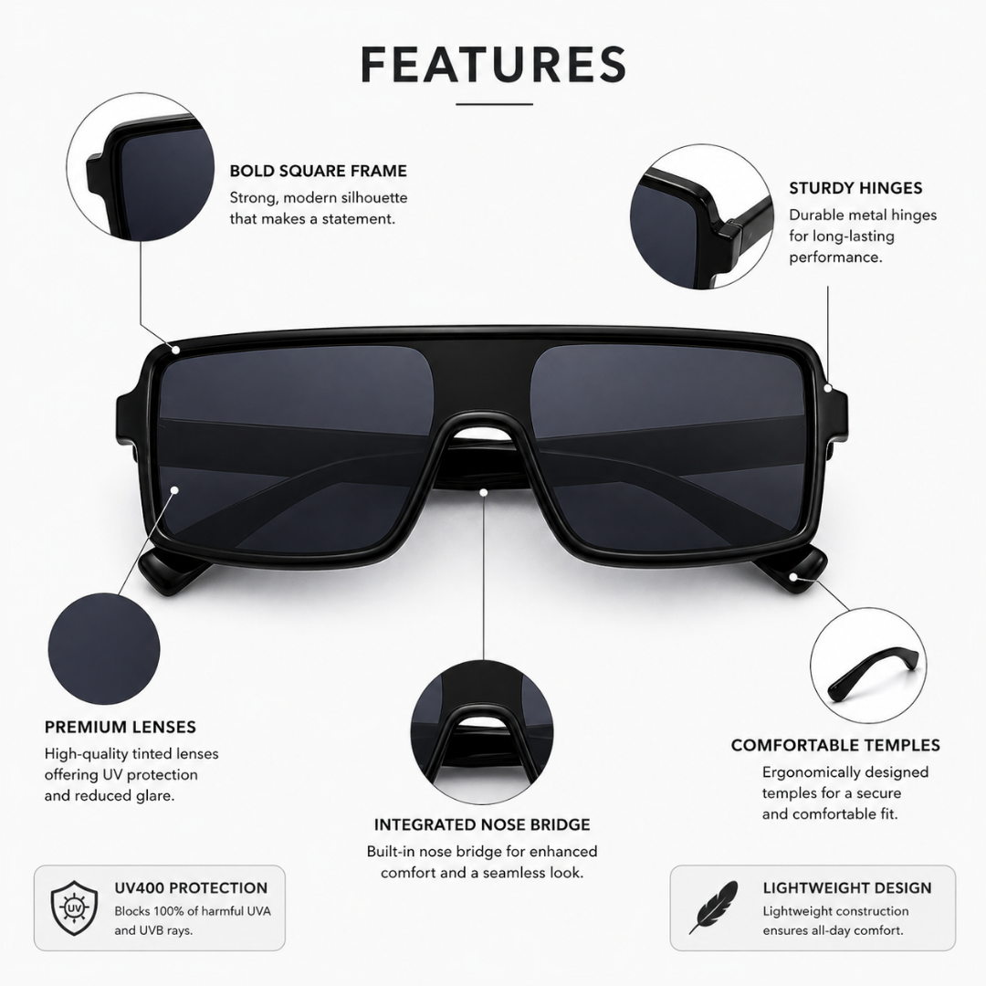 Black Rectangle Trendy Sunglasses for Men