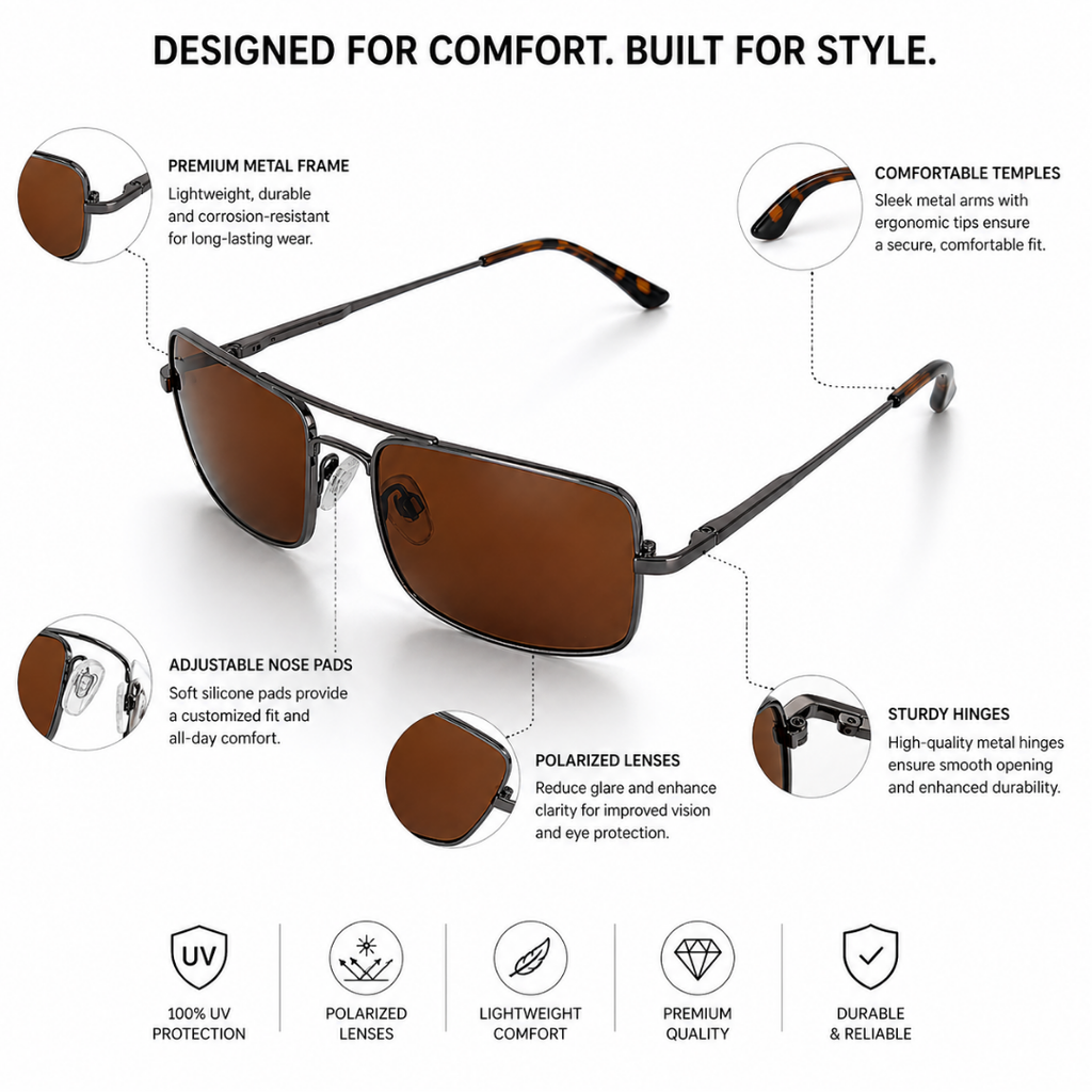 Brown Rectangular Metal Sunglasses for Men