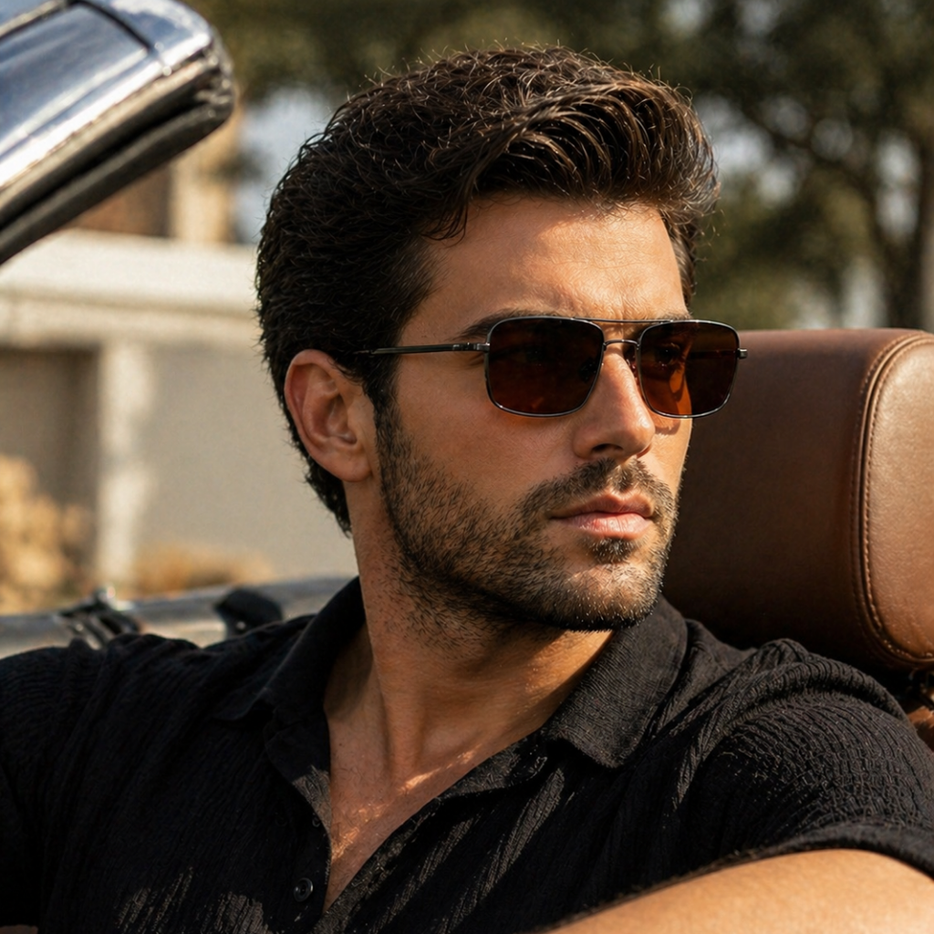 Brown Rectangular Metal Sunglasses for Men