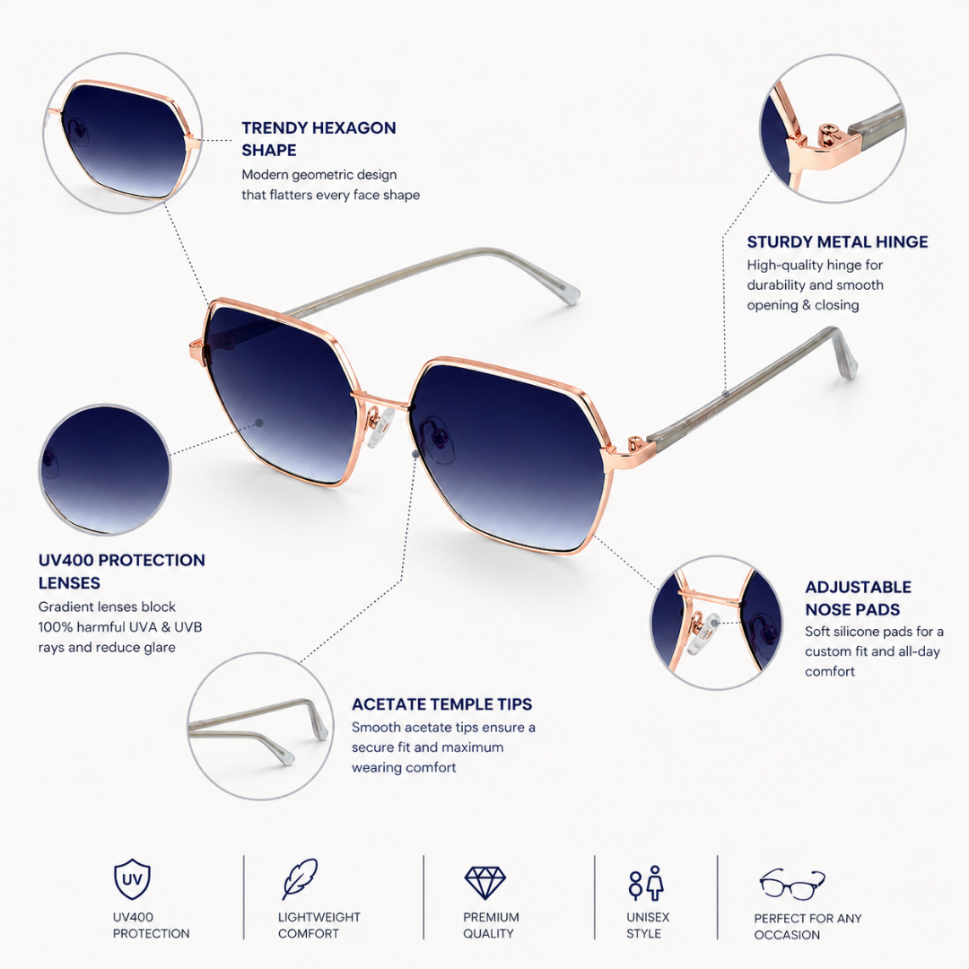 Blue Hexagon Metal Sunglasses for Women