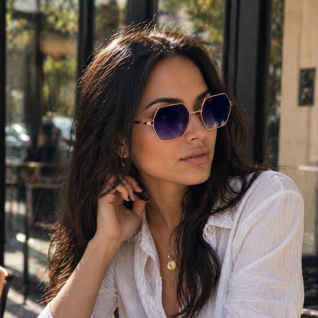 Blue Hexagon Metal Sunglasses for Women