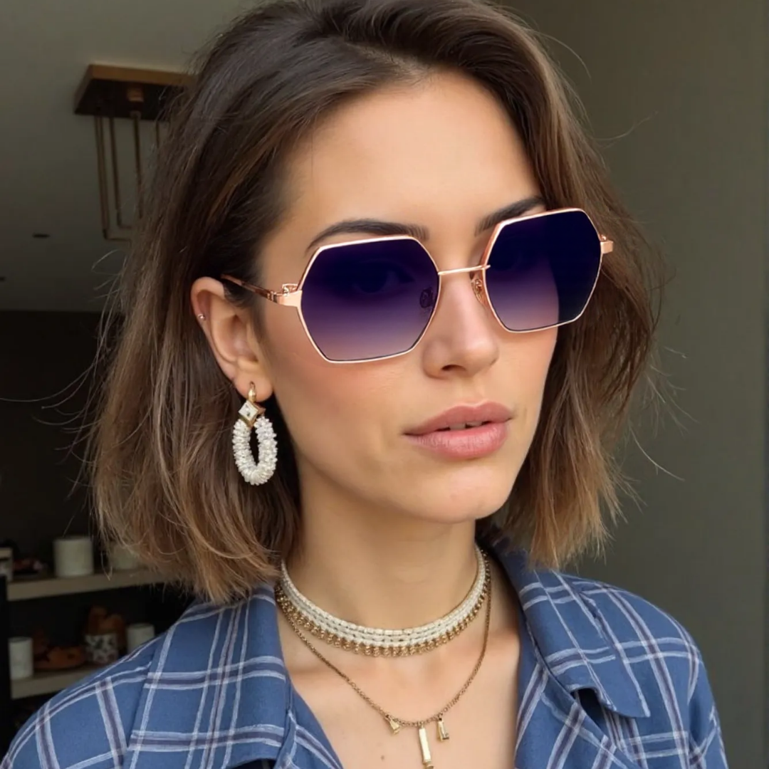 Blue Hexagon Metal Sunglasses for Women