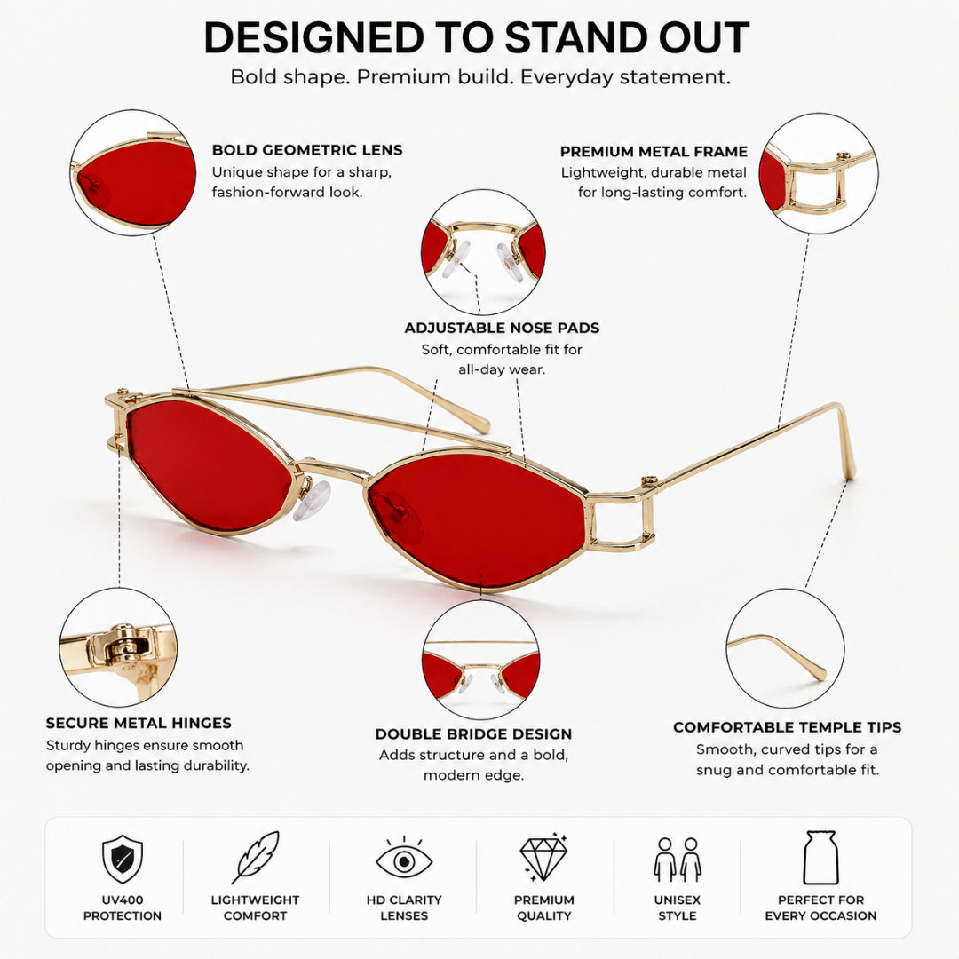 Red Hexagonal Trendy Sunglasses for Men and Women